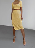 Threaded square neck short sleeve split skirt slim two-piece set