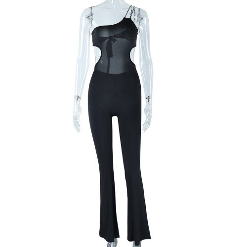 One-shoulder chain hollowed-out jumpsuit with slight flared tight-fitting all-in-one pants with hip lifting, wide back, jumpsuit and leggings