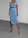 Threaded square neck short sleeve split skirt slim two-piece set