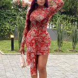 Mesh tight-fitting dress, round neck, long sleeve, bandaged buttock skirt, sexy trendy pullover skirt