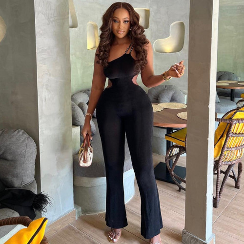One-shoulder chain hollowed-out jumpsuit with slight flared tight-fitting all-in-one pants with hip lifting, wide back, jumpsuit and leggings