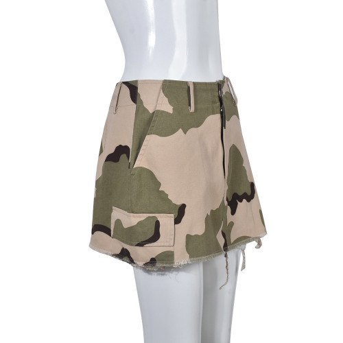 Camouflage zip pocket fringed street skirt
