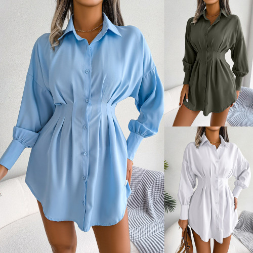 Casual lantern sleeve waist asymmetrical dress shirt skirt