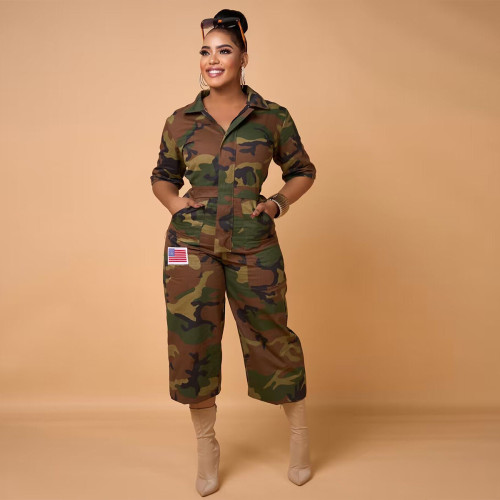 Fashion camouflage print pocket lapel jumpsuit