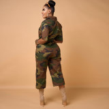 Fashion camouflage print pocket lapel jumpsuit