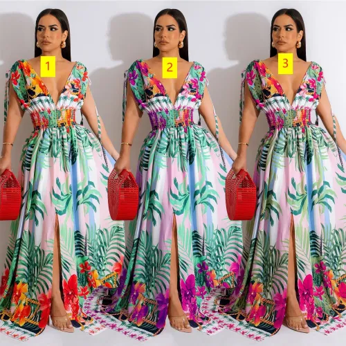 Fashion women's flower color painting sleeveless V-neck dress