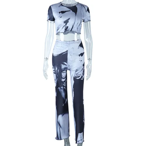 Figure print fashion suit round neck three-quarter sleeve tight top high waist wide leg pants two-piece suit