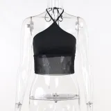 Sexy gauze perspective hanging neck short top, backless, slim and fashionable vest
