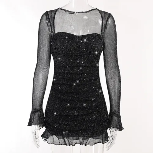Temperament sparkling pleated long-sleeved dress sexy waist show thin square neck party buttock skirt