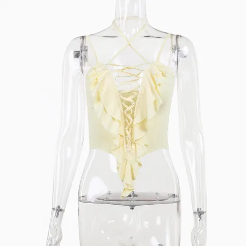 Ruffle lace hollowed-out suspender neck top, sexy, pure and sexy, hot girls' versatile vest in Europe and America