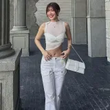 Sexy Mesh Perspective Tank Top with Chest Cup Set Casual Versatile T-shirt