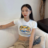 Crewneck printed Spicy Girl short-sleeved T-shirt with navel exposed, slim fit and versatile solid color top