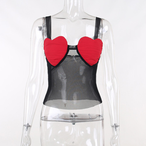 Sexy love gauze perspective suspender vest female street fashion hot girl casual top