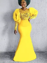 Lace gauze perspective banquet buttock skirt creative lantern sleeve show figure dress