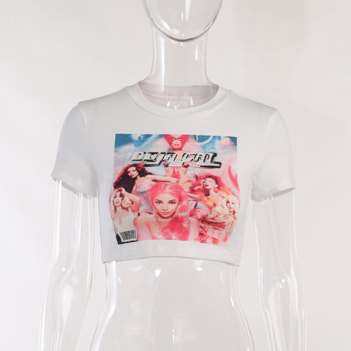 Basic round-neck printed Spicy Girls' navel top fashion casual versatile t-shirt