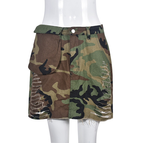 Camo pocket tassel cut-out fashion skirt