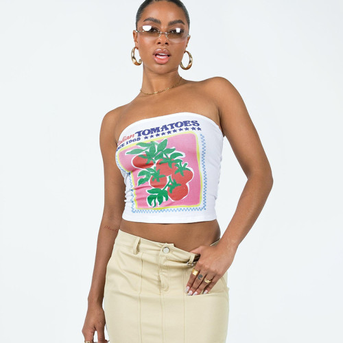 Graphic printed short bare-button bra vest for women's minority design casual versatile T-shirt