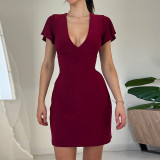 Sexy V-neck waist shows thin short sleeve dress temperament slimming casual color buttock skirt