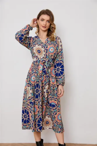 Large flower long-sleeved waist dress