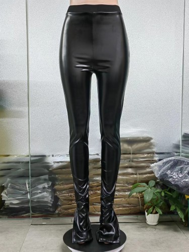 PU sexy tight split casual pants for women