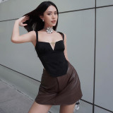 Sexy suspender hollowed-out letter tunic top slimming solid color versatile casual vest