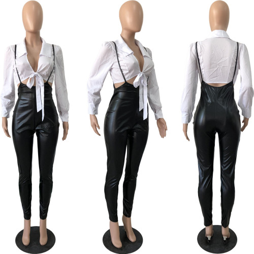 PU leather suspender zipper pants+shirt top two-piece suit