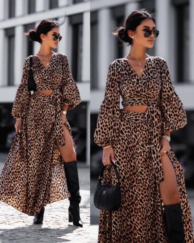 Fashion printing long-sleeved V-neck leaky waist sexy suit dress