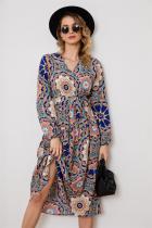 Large flower long-sleeved waist dress