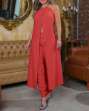 Temperament hanging neck sleeveless solid color open back loose top high waist pants suit