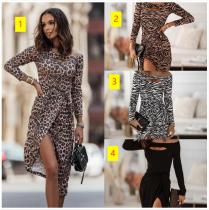 Fashion neckline creative leopard print irregular long-sleeved dress