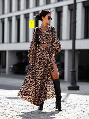 Fashion printing long-sleeved V-neck leaky waist sexy suit dress