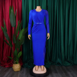 Solid round neck pleated long-sleeved dress