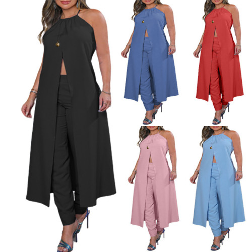 Temperament hanging neck sleeveless solid color open back loose top high waist pants suit