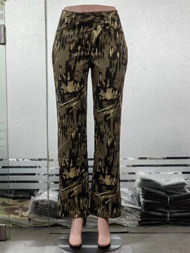 Spliced high-waist camouflage street trendy split casual pants