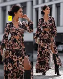 Fashion printing long-sleeved V-neck leaky waist sexy suit dress