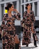 Fashion printing long-sleeved V-neck leaky waist sexy suit dress