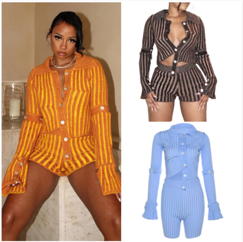 Women's fashion long sleeve single breasted design T-shirt striped shorts suit