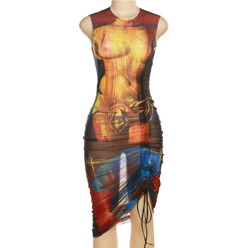 Fashion printed screen hollowed-out round neck high-waisted bodysuit skirt
