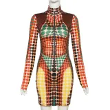 Sexy high neck zipper digital print high waist tight buttock dress