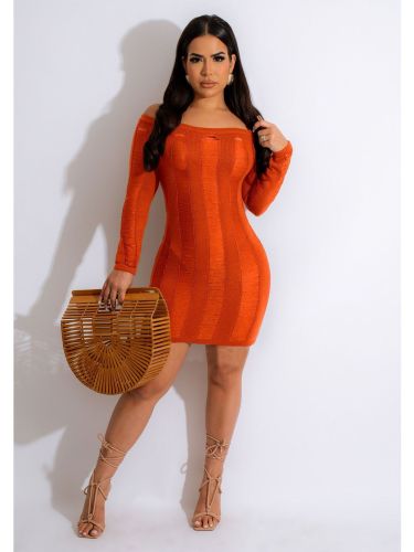Sexy Hollow Thin Long Sleeve Top Round Neck Hollow Back Dress