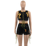 Letter Embroidery Strap Fashion Sexy Two Piece Set