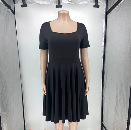 Women's fashion sexy large size dress square neck short sleeve large skirt solid color skirt