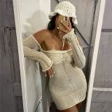 Sexy Off Shoulder Open Back Knitted High Waist Wrapped Hip Slim Slim Dress