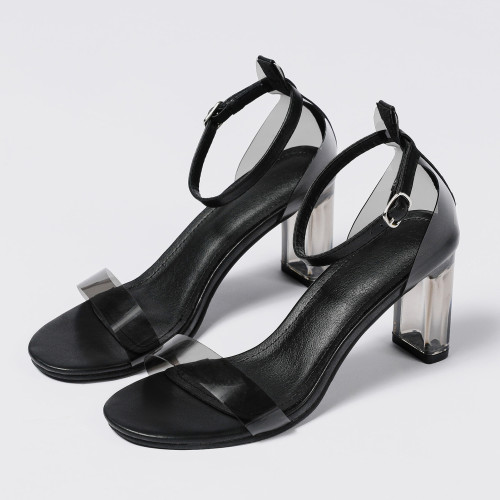 Oversized slotted buckled thick heel sandals transparent fashion shoes