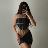 Sexy Women's Hot Girls Irregular Bra Top Wrap Hip Half Skirt Line Print Casual Set