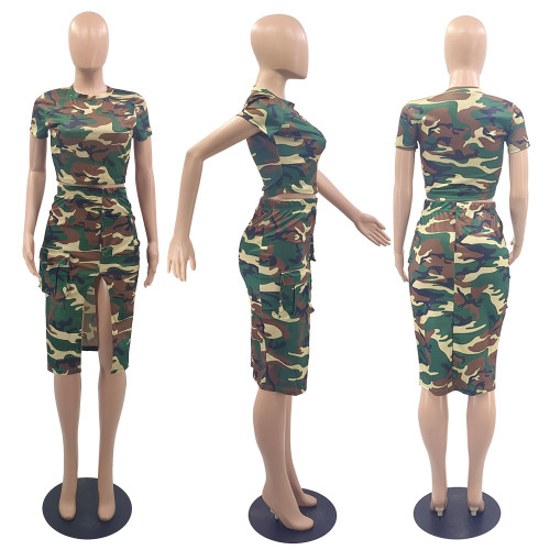 Women's street trend camouflage floral split split wrap hip mini skirt short sleeve set