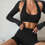 Women's Simple Casual Basic Short Open Umbilical Hanging Neck Yoga Fitness Casual Set 3-piece Set