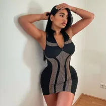 Striped Print Cutout Open Back Sexy Zip Sleeveless Dress