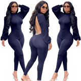 Solid Color Long Sleeve Open Back Sexy Bodysuit