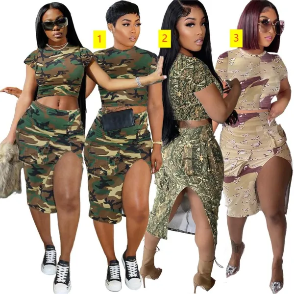 Women's street trend camouflage floral split split wrap hip mini skirt short sleeve set